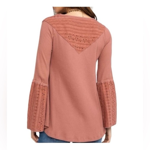 Free People Parisian Nights Pink Rose Bell Sleeve Ribbed V-Neck Shirt Size XS - Picture 4 of 9